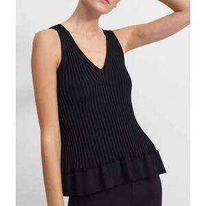 Theory Tank Top Womens Black Sleeveless V-Neck Peplum Rib Knit Stretch Sz S $225